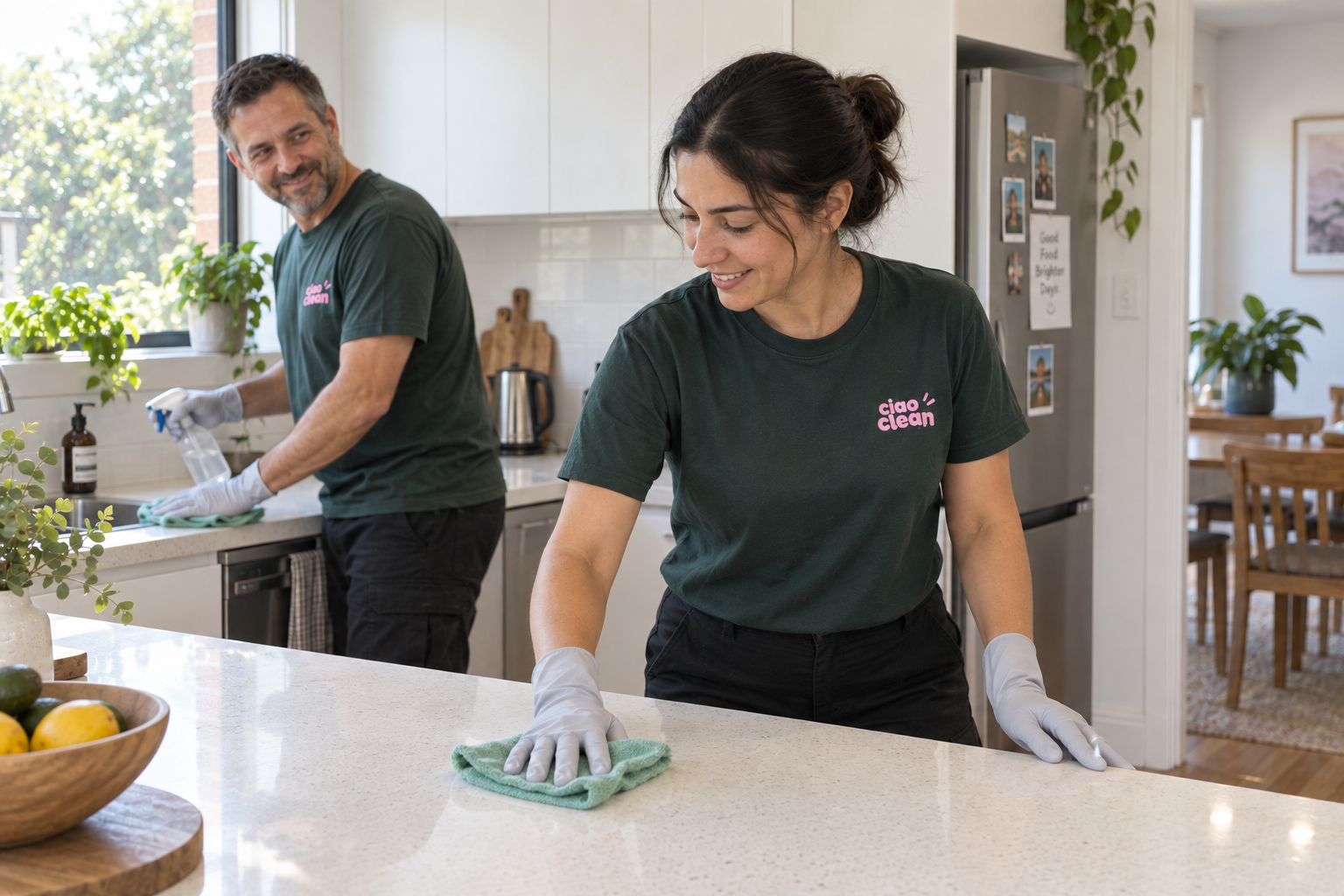 Illustrative image of two cleaners wiping kitchen benches in a bright home