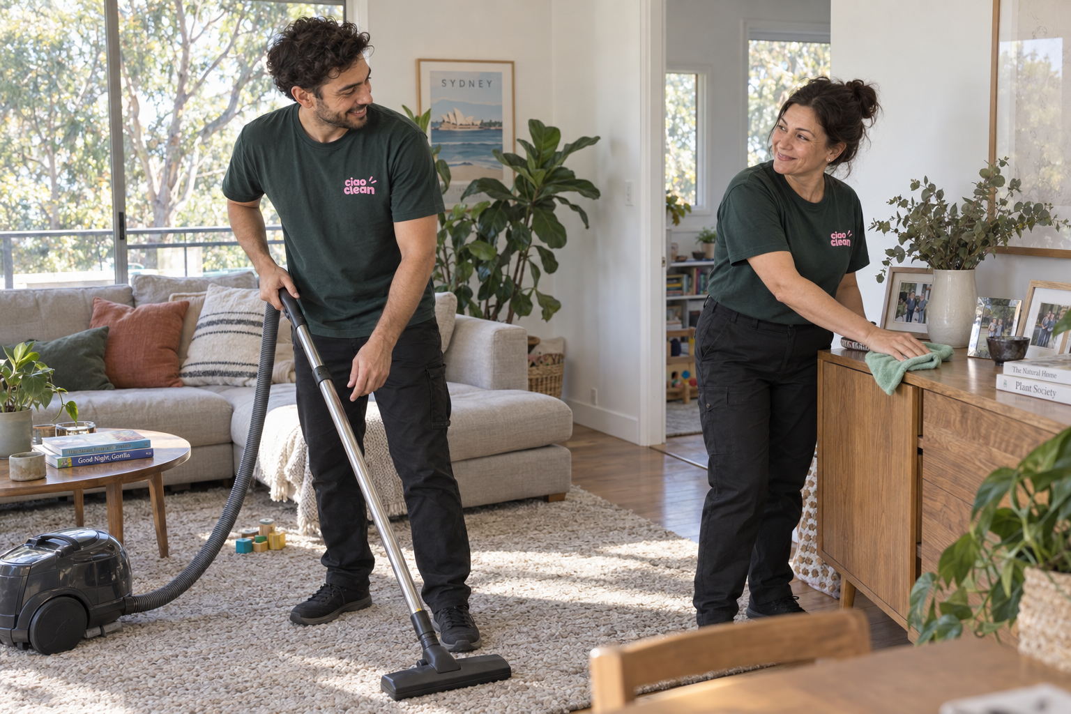 Illustrative image of cleaners vacuuming and dusting a bright living room