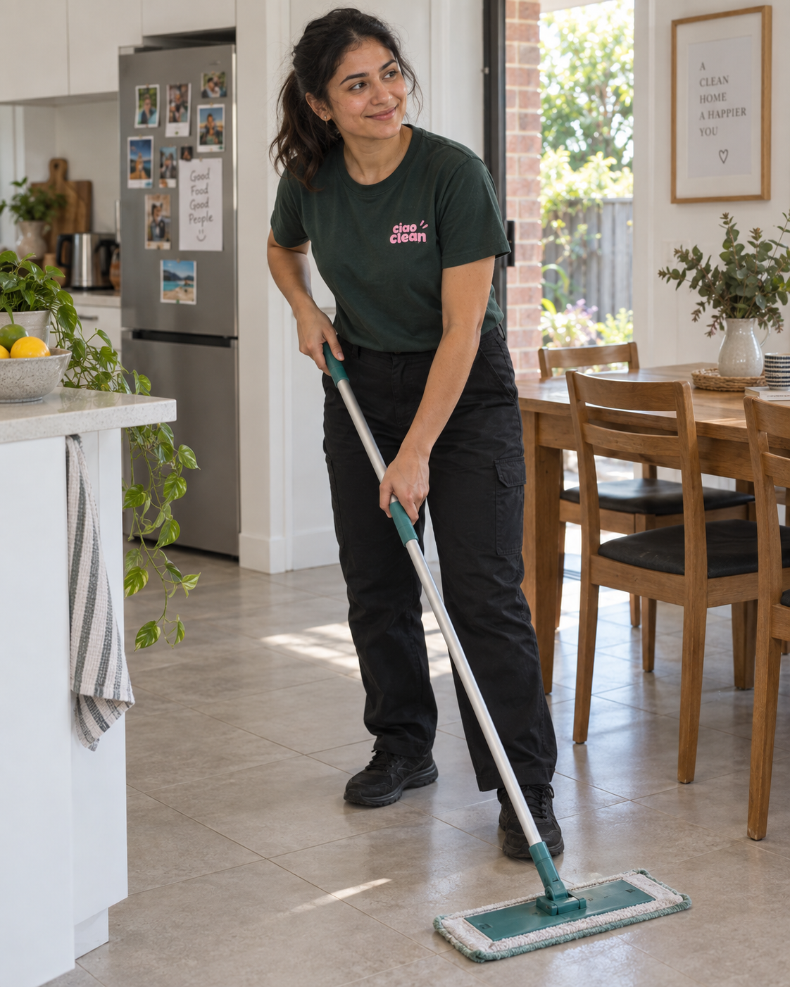 Illustrative image of a cleaner mopping a kitchen and dining floor