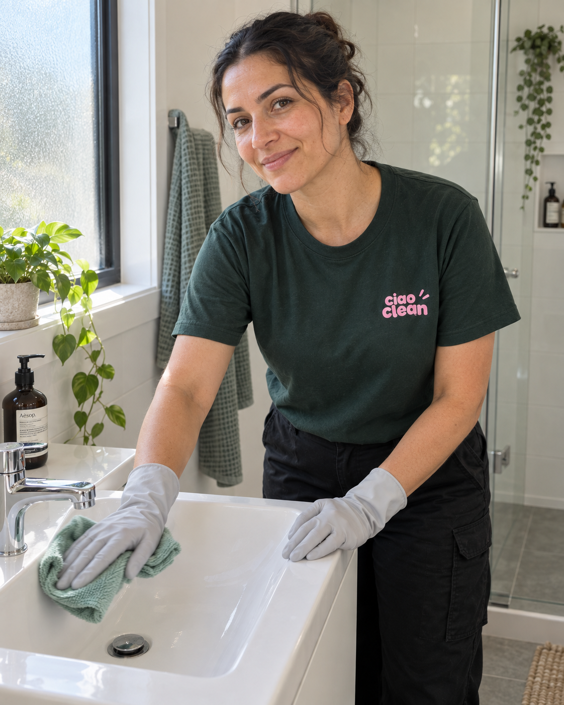 Illustrative image of a cleaner wiping a bathroom basin