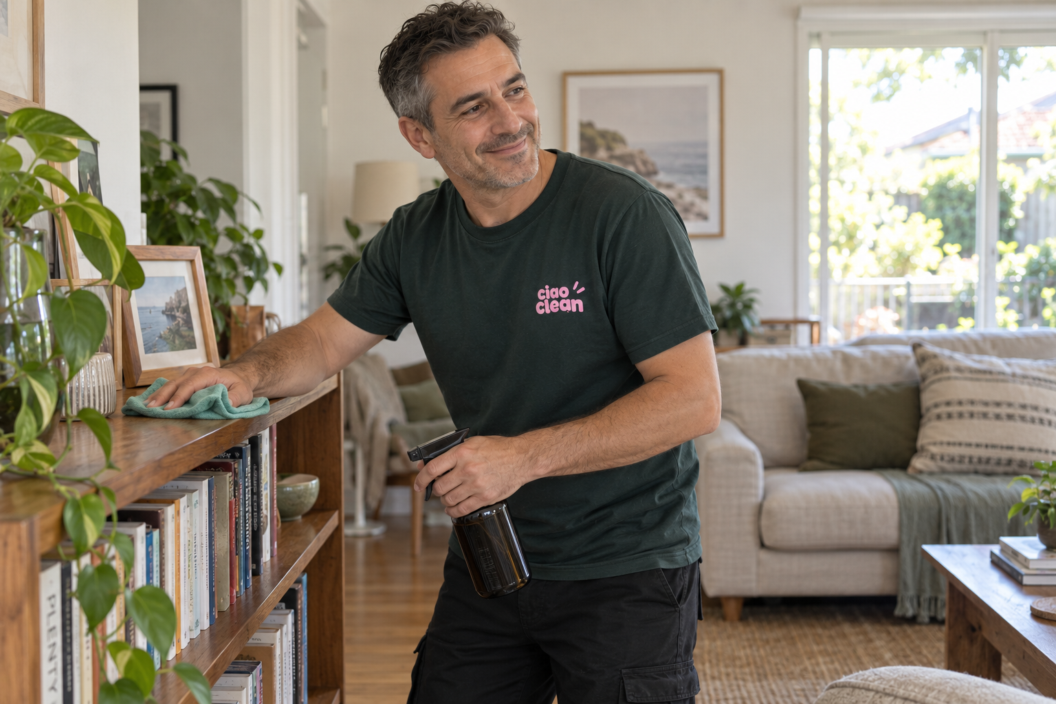 Illustrative image of a cleaner dusting a living-room bookshelf