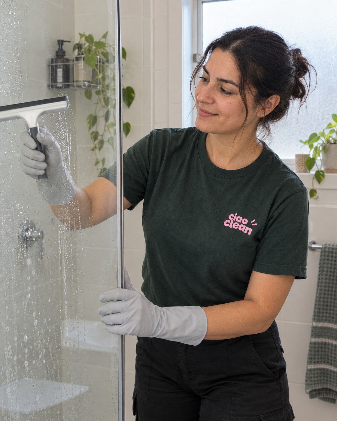 Illustrative image of a cleaner using a squeegee on a shower screen