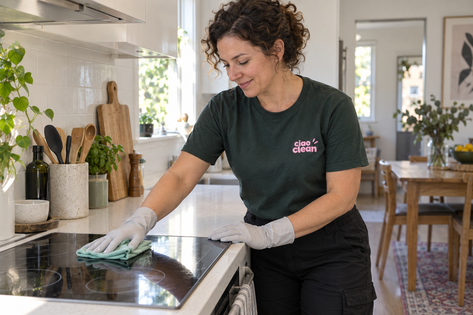 Illustrative image of a cleaner wiping an accessible kitchen stovetop